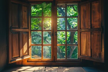 A window with a view of trees and a bright sunny day. The sunlight is shining through the window, creating a warm and inviting atmosphere