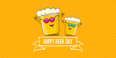 International beer day horizontal banner or summer poster with vector funky beer character isolated on yellow beer background. Vector Cartoon funny International beer day label and poster