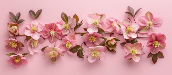 Stunning hellebore flowers arranged elegantly in a flat lay style over a pink background, creating a visually appealing copy space image.
