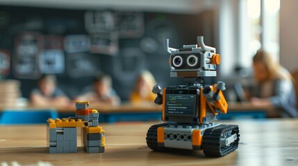 Fototapeta premium Children and Teacher Assemble Robots in Classroom