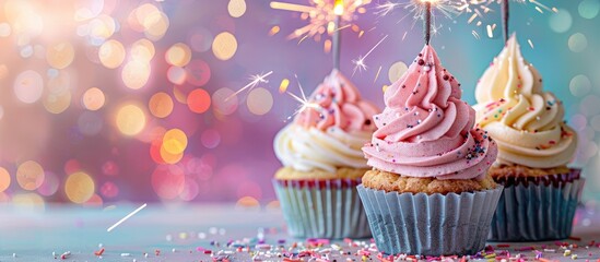 Delicious cupcakes with a sparkler on a colorful backdrop in a copy space image.