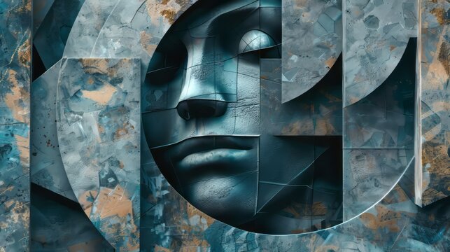 Futuristic Female Face sculpture carved in blue stone. Grunge Textured Background. Ai generative.
