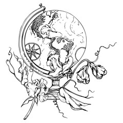 Navigation old vintage globe, Americas view, with everlasting sweet pea vetch flower branch leaves. Vector ink hand drawn illustration. Design for tourism, travel, school, wedding, guide, tattoo.