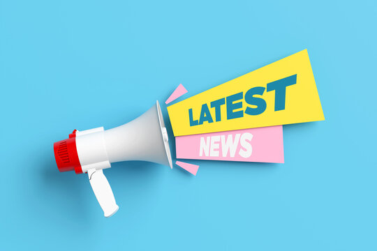 White megaphone announcing latest news on blue background