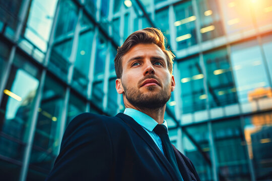 A young businessman wearing a black suit and tie stands confidently, looking ahead with determination, against the backdrop of a modern glass building. - Powered by Adobe