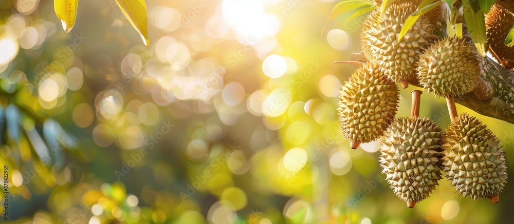 Sticker Durian hanging from a tree in the garden with copy space image.