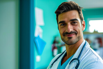 A cheerful male healthcare professional with a confident smile is seen wearing a stethoscope and medical uniform, with a blurred background in a medical setting.