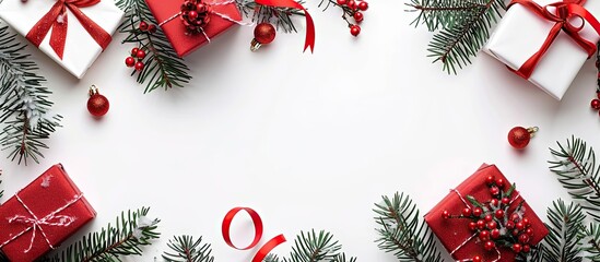Festive Christmas design with red gifts and fir-tree branches on a white background, perfect for New Year celebrations, featuring copy space image.