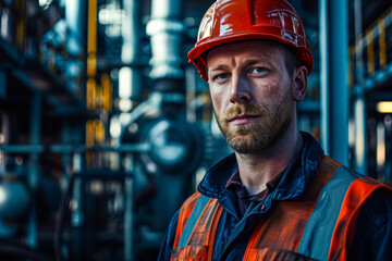 A male factory worker with a red protective helmet and orange vest stands in an industrial setting, signifying strength and industrial safety.