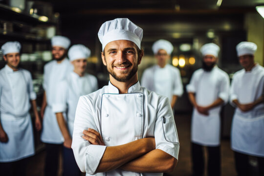 A cheerful chef stands confidently with his arms crossed, leading a team of chefs all wearing white uniforms and chef hats, captured in a professional kitchen setting.
