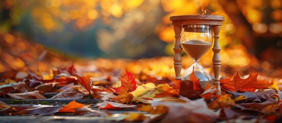 Fall-themed image featuring a sandglass surrounded by colorful fallen leaves, with space for text. Copy space image. Place for adding text and design