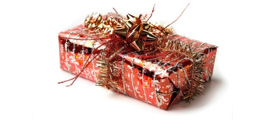 Isolated on a white background, a festive Christmas and New Year's gift box adorned with shiny tinsel, a ribbon, and with a clipping path around it for a copy space image.