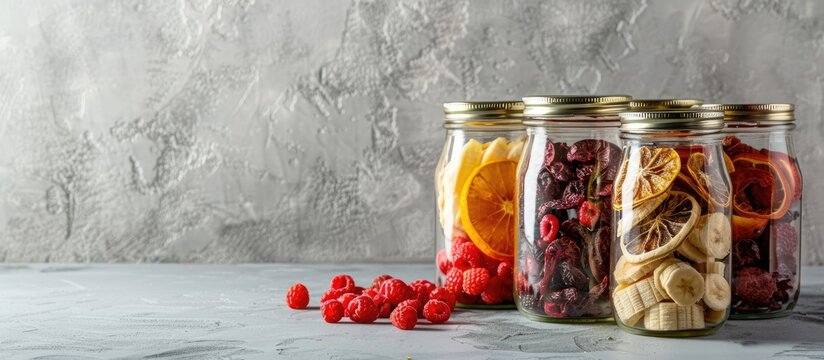 Glass jars filled with a variety of dried fruits and berries from the fall harvest, such as strawberries, raspberries, apples, bananas, and oranges, against a light concrete background with copy