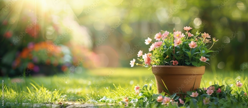 Wall mural Preparing to plant flowers in a pot in a backyard with a copy space image.