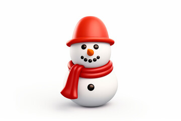 Fototapeta premium A cute snowman featuring a red hat and scarf, with a smiling face and stick arms, rendered in a cartoon style representing winter, joy, and holiday spirits.