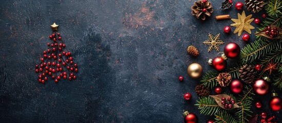 Christmas tree silhouette in festive holiday decorations arranged in a flat lay style with copyspace image.
