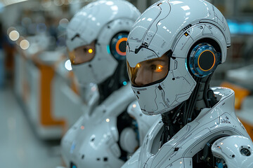 Fototapeta premium Robots automating tasks in offices or factories, highlighting interactions between humans and robots and efficiency improvements