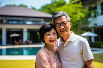 A contented Asian couple stands by a swimming pool in their backyard, embracing each other and smiling warmly, reflecting happiness, love, and peaceful living in a sunny setting.