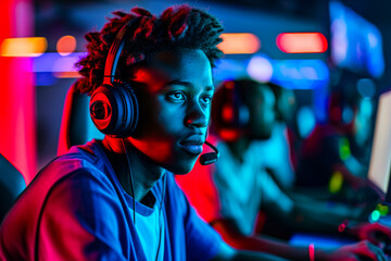 Obraz premium An individual completely engrossed in a gaming session, wearing a headset and surrounded by a neon-lit environment, representing intense concentration and modern gaming culture