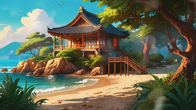 wooden house with thatched roof in asian style with beach background in anime style, in smooth looping background with 4K vidio animation.
