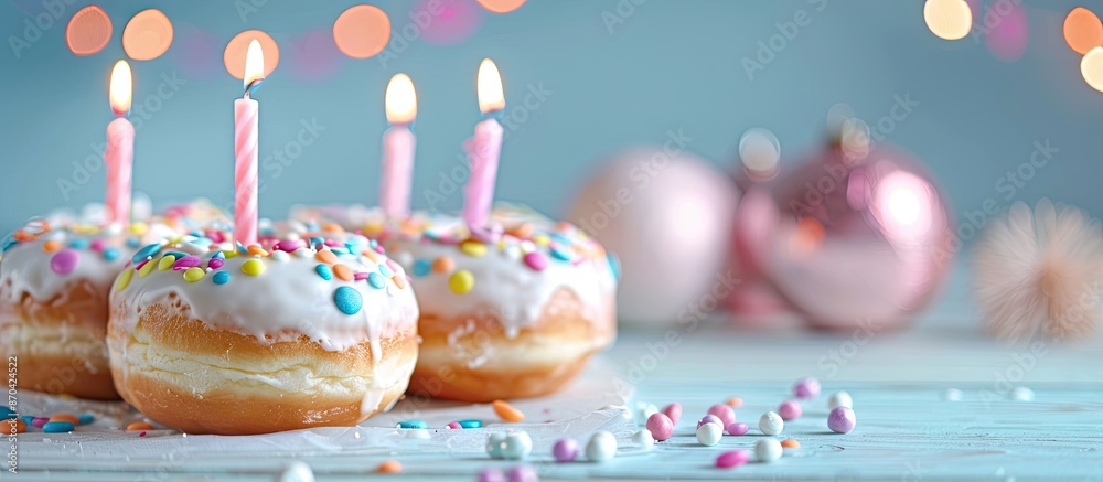 Sticker Donuts with icing and candles on a table with a bright, copy space image in the background.