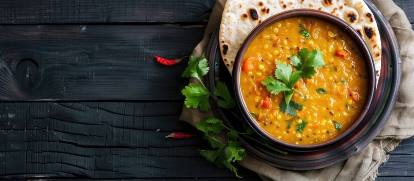 Traditional Indian lentil soup, Masoor Dal or Dal Tadka curry served with homemade Chapati on rustic black wooden background with copy space image.