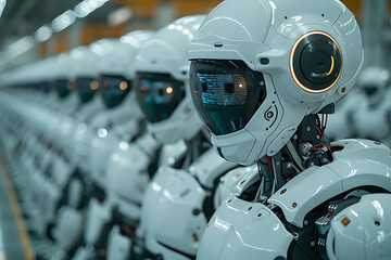 Fototapeta premium Robots automating tasks in offices or factories, highlighting interactions between humans and robots and efficiency improvements