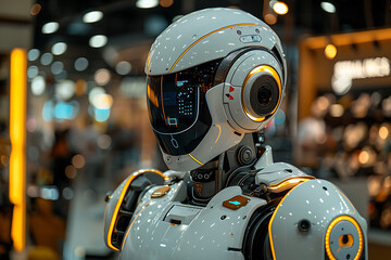 Fototapeta premium Robots automating tasks in offices or factories, highlighting interactions between humans and robots and efficiency improvements