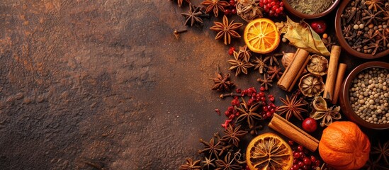 A variety of mulled wine spices displayed on a brown surface with room for adding text in a copy space image.
