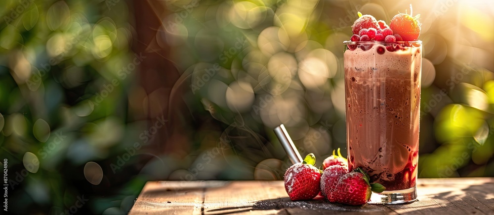 Canvas Prints Chocolate beverage topped with frozen strawberries on a milk froth, displayed against a natural backdrop with copy space image.