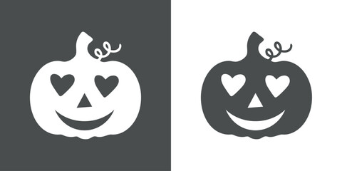 Logo i love Halloween. Emoticono con silueta de calabaza con sonrisa y corazones en lugar de ojos para felicitaciones y tarjetas