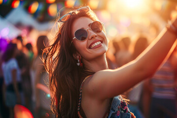 An elated woman with stylish sunglasses and a radiant smile basks in the energetic ambiance of a sunlit festival, surrounded by fellow revelers and colorful lights.