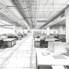 Obraz premium A highly detailed monochrome rendering of an open office space blueprint, featuring desks, chairs, wiring, and structural elements, emphasizing modern workspace design and organization.