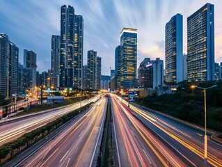 Fototapeta premium Cityscape with towering skyscrapers and light trails from fast-moving traffic, capturing the dynamic energy of urban life.