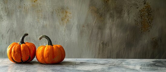 Two small pumpkins rest on a gray table in preparation for Halloween in an autumn harvest scene, providing a copy space image with a horizontal layout.