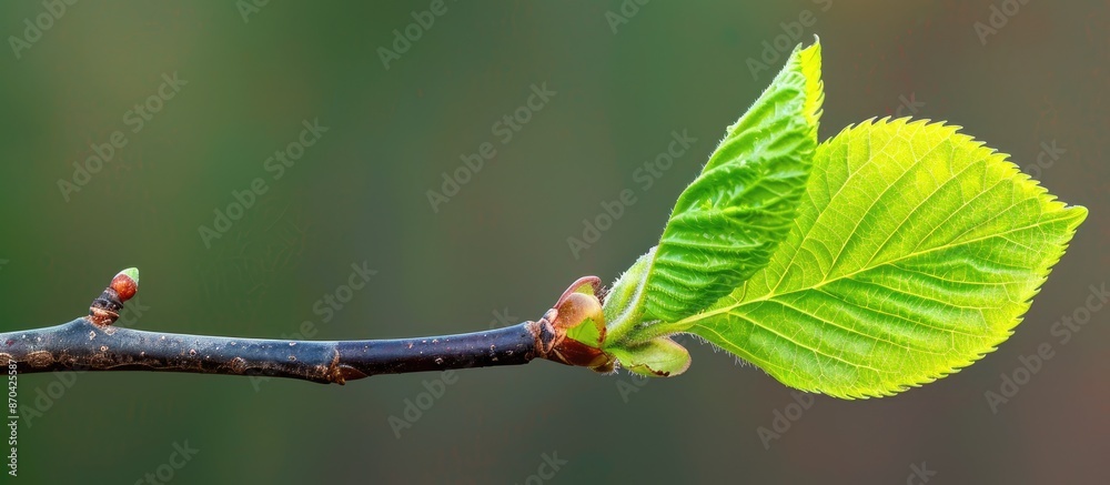 Wall mural A fresh new leaf on a tree branch symbolizing nature's rebirth in spring. Suitable for spring-themed designs with copy space image.