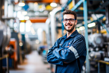A cheerful worker in a blue uniform and glasses stands with his arms crossed in an industrial setting. He appears happy and content with his work environment.