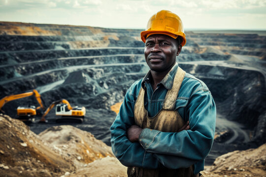 A male miner stands confidently with folded arms at a large mining site, wearing a hard hat and work clothes. Heavy machinery and large excavations are visible in the background.