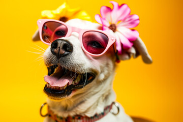 A playful dog wearing pink sunglasses and adorned with flowers, set against a vibrant yellow background, symbolizing joy, fun, and a bright cheerful spirit.