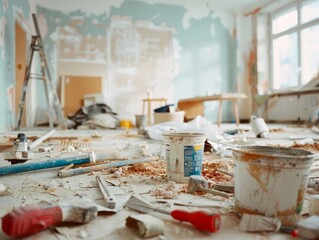 Home Renovation in Progress: Worker Painting Wall in Cozy Living Room with Tools and Materials - Editorial Style Image