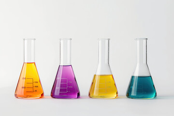 Four Erlenmeyer flasks with colorful liquids in orange, purple, yellow, and blue, placed on a white background, representing scientific research..