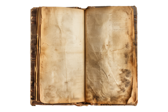 Old blank book open isolated on transparent background