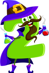 Cartoon Halloween math number two wizard character. Child education number funny sorcerer Halloween mascot, mathematics numeric symbol wizard or mage isolated vector cute personage with magic potions