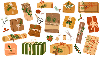 Christmas gifts in kraft paper set. DIY rustic present boxes in craft wrappings with twine bows and branches, Xmas wreaths, envelopes. Colored flat vector illustrations isolated on white background