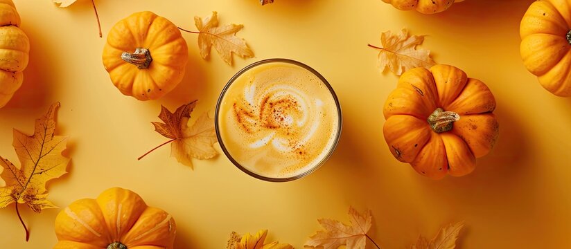 Top view of a glass with spiced pumpkin latte surrounded by pumpkins on a yellow backdrop, with space for adding another image. Copy space image. Place for adding text and design