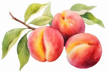 peaches in watercolor drawing isolated on white background