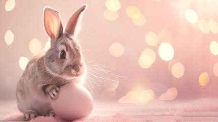 pink bunny with white ears eating egg  with cute face abstract egg decorated on the borders shinning background 