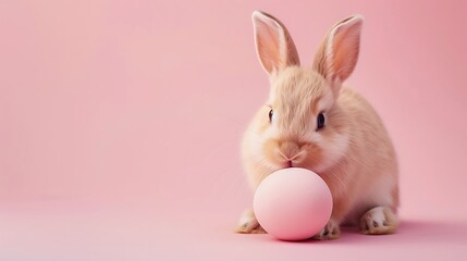pink bunny with white ears eating egg  with cute face abstract egg decorated on the borders shinning background 
