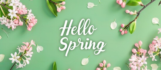 Floral background with blooming pear branches in spring, pink hyacinth over a pastel green backdrop, designed for a Women's Day greeting card. The image features copy space and a "Hello Spring"
