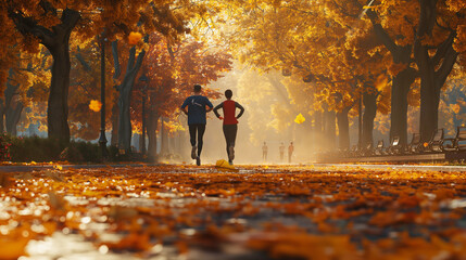 Fototapeta premium People jogging in an autumn park, surrounded by vibrant foliage